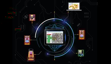 graphic shows a tablet with worker status and gas readings in the center, and stemming off are personal gas monitors, headshots of employees, and a laptop with a heat map
