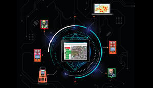 graphic that shows how connected gas monitors and users are brought together in a dashboard on a tablet that shows location and safety status