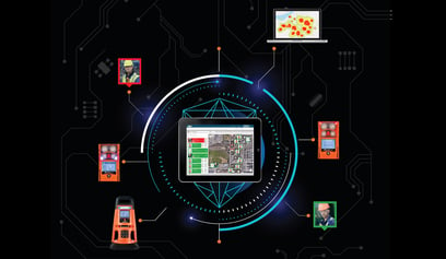 graphic shows a tablet with worker status and gas readings in the center, and stemming off are personal gas monitors, headshots of employees, and a laptop with a heat map