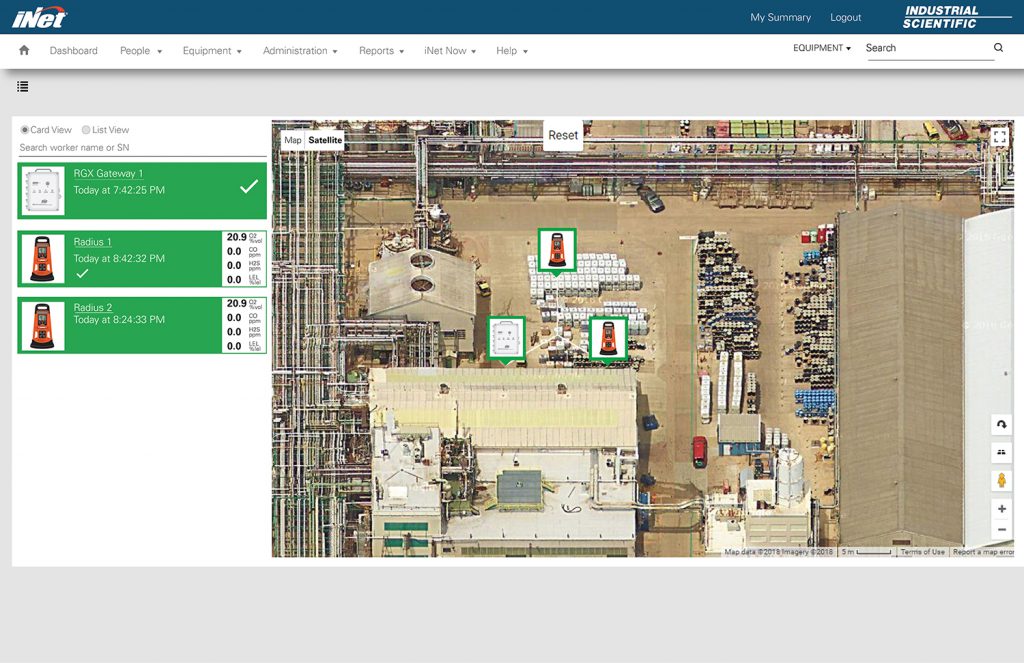iNet Live dashboard showing worksite with area gas monitor location and gas readings