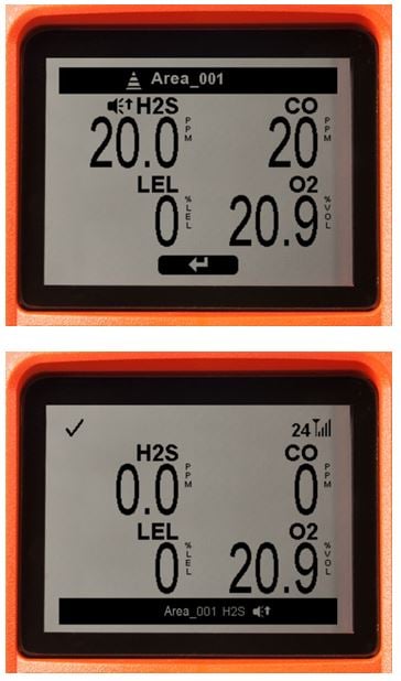 close-up of two area monitor screens. One shows an alarm for high H2S, the other has normal gas levels but shows that another area has an alarm